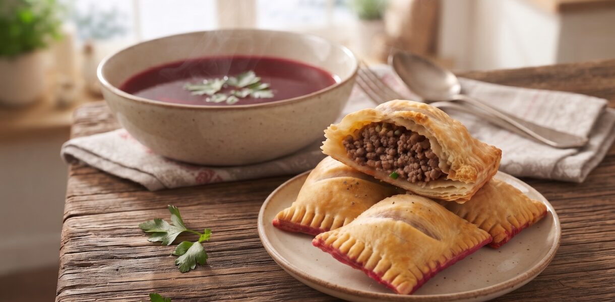 Paszteciki mięsne, czyli gotowane w rosole, a następnie zmielone mięso z dodatkiem smażonej cebuli rozłożone na cieście francuskim, zawinięte, a następnie pieczone i krojone na paszteciki.