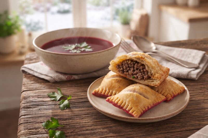 Paszteciki mięsne, czyli gotowane w rosole, a następnie zmielone mięso z dodatkiem smażonej cebuli rozłożone na cieście francuskim, zawinięte, a następnie pieczone i krojone na paszteciki.