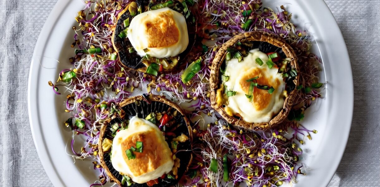 Pieczarki zapiekane z żółtym serem wypełnione są kawałkami twardego sera z dodatkiem chilli, musztardy, skórki z limonki, czosnku i dymki, a następnie zapiekane.