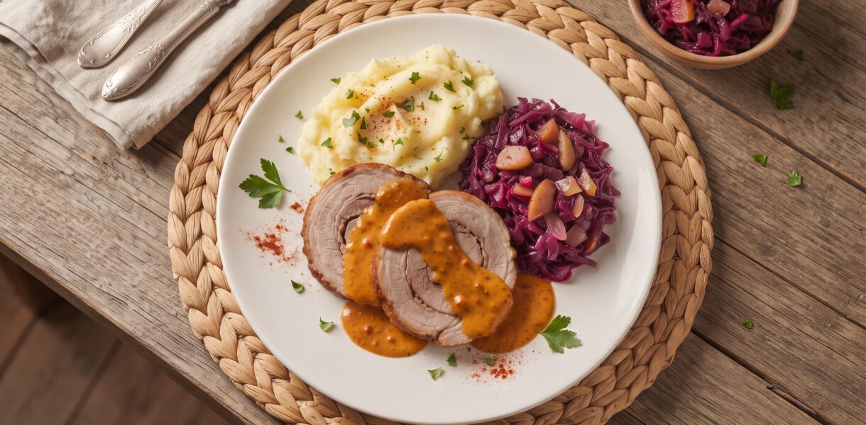 Pieczeń wieprzowa z łopatki wieprzowej bez kości dobrze przyprawiona, a następnie pieczona w rękawie i podana w sosie paprykowym.