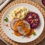 Pieczeń wieprzowa z łopatki wieprzowej bez kości dobrze przyprawiona, a następnie pieczona w rękawie i podana w sosie paprykowym.