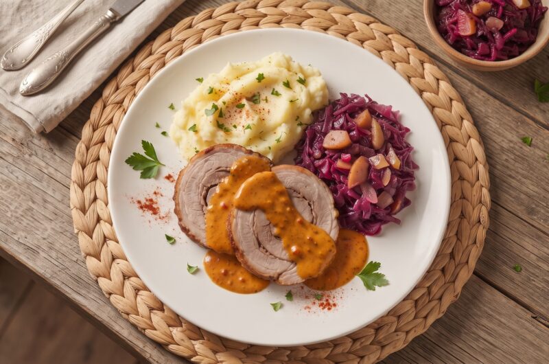 Pieczeń wieprzowa z łopatki wieprzowej bez kości dobrze przyprawiona, a następnie pieczona w rękawie i podana w sosie paprykowym.