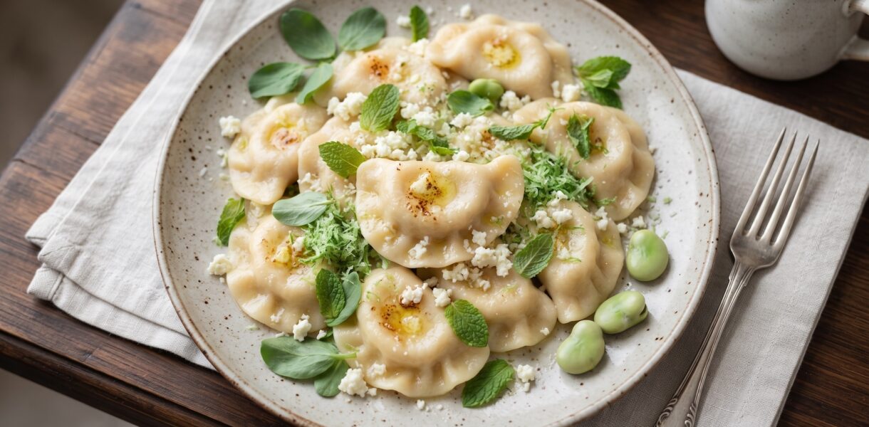 Pierogi wypełnione gotowanym bobem zmiksowanym i zmieszanym z trzema rodzajami serów z dodatkiem świeżej mięty.