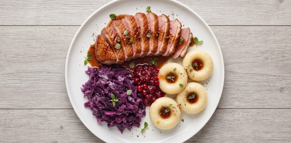 Pierś z kaczki krótko smażona, a następnie pieczona i podana w sosie własnym z dodatkiem kremu balsamicznego i z żurawiną.