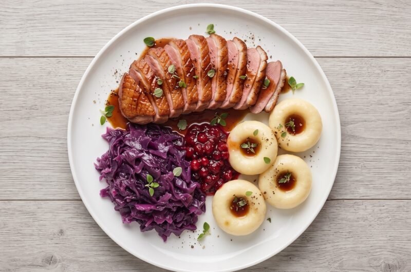 Pierś z kaczki krótko smażona, a następnie pieczona i podana w sosie własnym z dodatkiem kremu balsamicznego i z żurawiną.