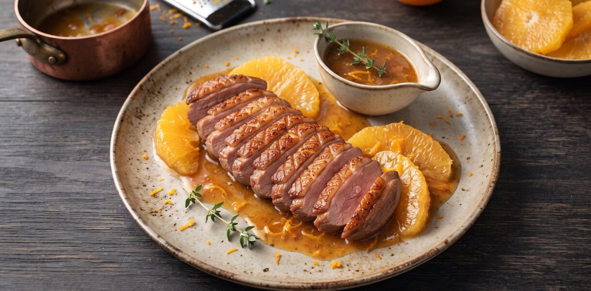 Piersi z kaczki wolno smażone, a następnie pieczone i podane w aromatycznym sosie pomarańczowym.