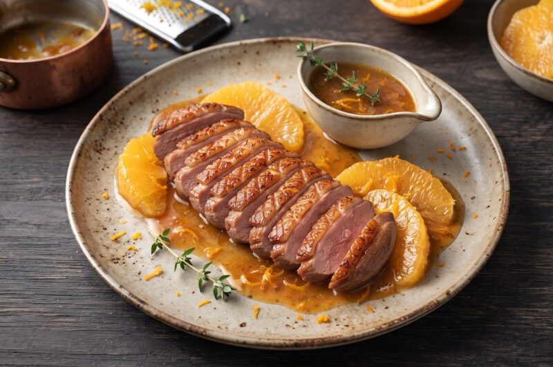 Piersi z kaczki wolno smażone, a następnie pieczone i podane w aromatycznym sosie pomarańczowym.