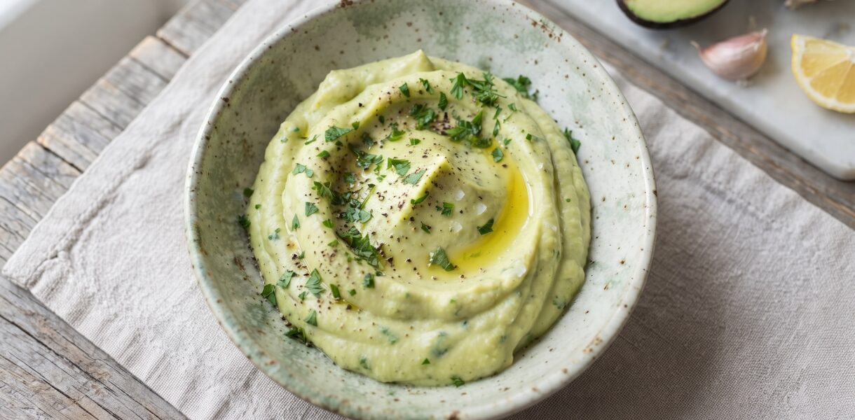 Puree z awokado ugniecionego z gotowanymi ziemniakami z dodatkiem czosnku, natki pietruszki i oliwy.