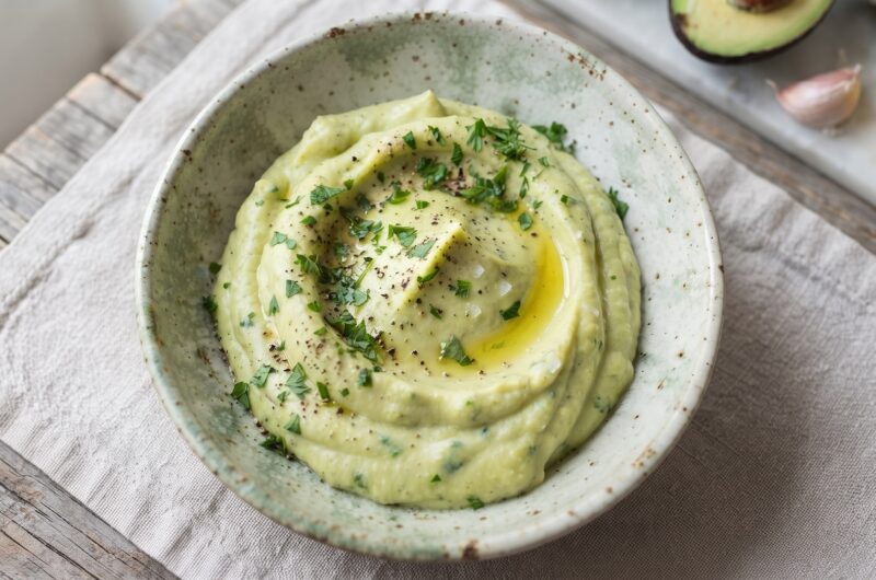 Puree z awokado ugniecionego z gotowanymi ziemniakami z dodatkiem czosnku, natki pietruszki i oliwy.
