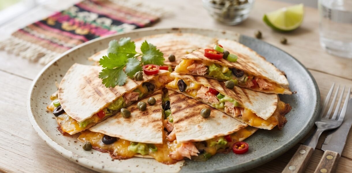 Quesadilla z łososiem to tortilla pokryta puree z awokado podana z łososiem wędzonym, serem i oliwkami a następnie przykryta drugą tortillą i zapieczona.