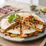 Quesadilla z łososiem to tortilla pokryta puree z awokado podana z łososiem wędzonym, serem i oliwkami a następnie przykryta drugą tortillą i zapieczona.