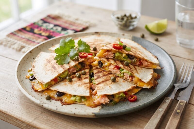 Quesadilla z łososiem to tortilla pokryta puree z awokado podana z łososiem wędzonym, serem i oliwkami a następnie przykryta drugą tortillą i zapieczona.