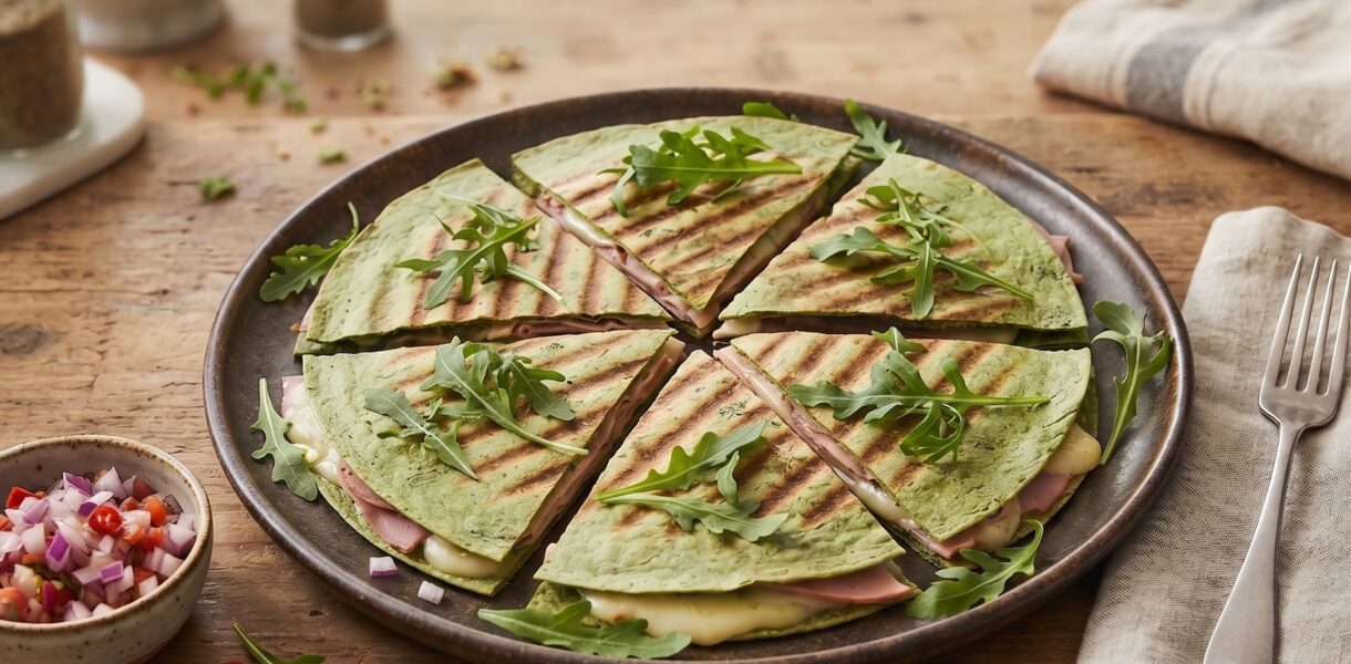 Quesadilla z mortadelą to tortilla obłożona serem camembert, włoską mortadelą i świeżą rukolą, a następnie przykrytą drugą tortillą i podgrzana.