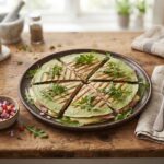 Quesadilla z mortadelą to tortilla obłożona serem camembert, włoską mortadelą i świeżą rukolą, a następnie przykrytą drugą tortillą i podgrzana.