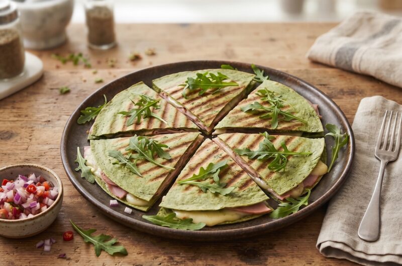 Quesadilla z mortadelą to tortilla obłożona serem camembert, włoską mortadelą i świeżą rukolą, a następnie przykrytą drugą tortillą i podgrzana.
