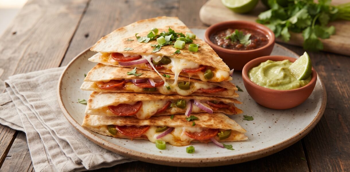 Quesadilla z salami czyli tortilla z serem i z ostrym salami, oliwkami i papryką, skropiona ostrym sosem, przykryta drugą tortillą i podgrzana na patelni.