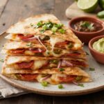 Quesadilla z salami czyli tortilla z serem i z ostrym salami, oliwkami i papryką, skropiona ostrym sosem, przykryta drugą tortillą i podgrzana na patelni.