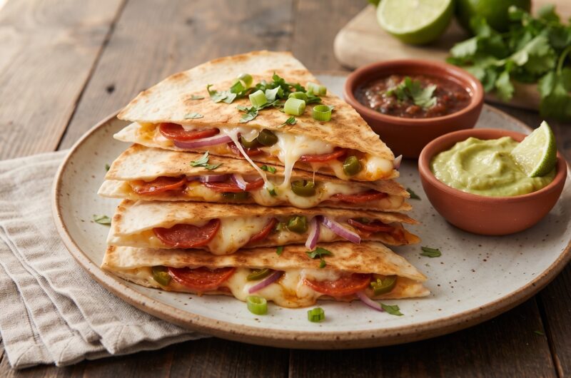 Quesadilla z salami czyli tortilla z serem i z ostrym salami, oliwkami i papryką, skropiona ostrym sosem, przykryta drugą tortillą i podgrzana na patelni.