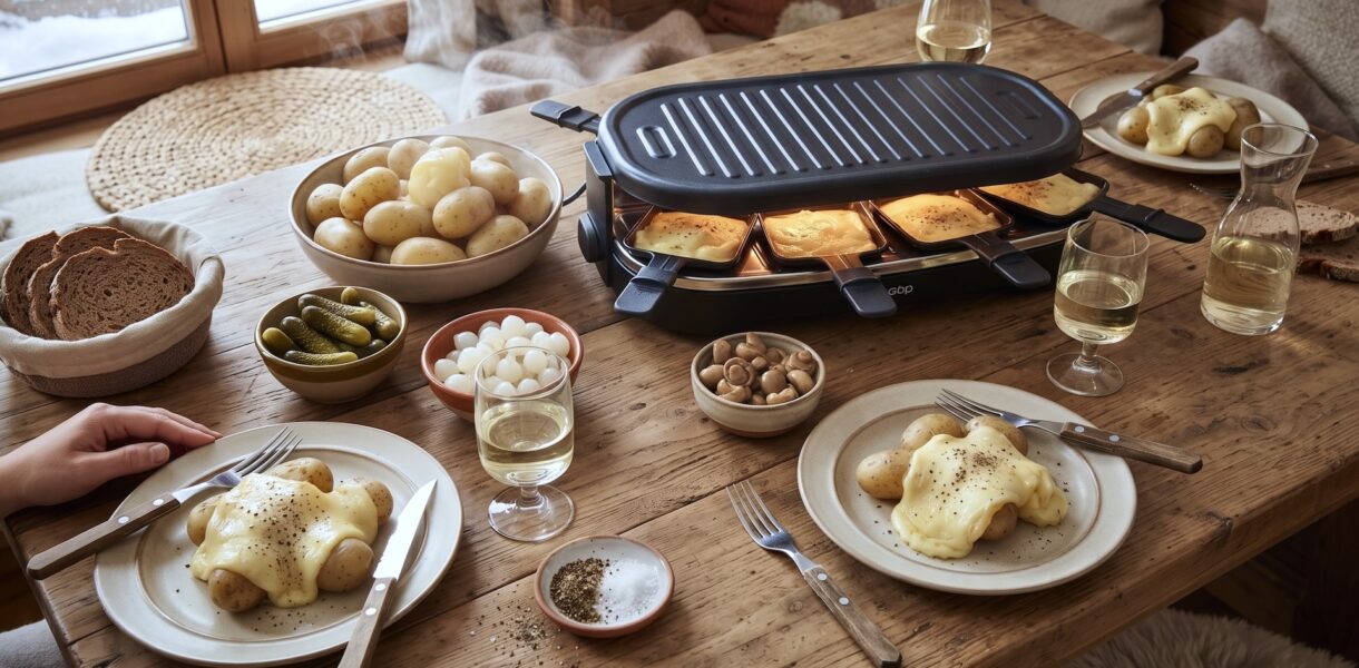 Topiony ser raclette podawany z gotowanymi ziemniakami i kiszonkami.