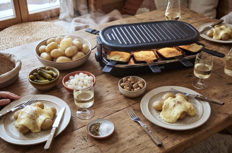Topiony ser raclette podawany z gotowanymi ziemniakami i kiszonkami.