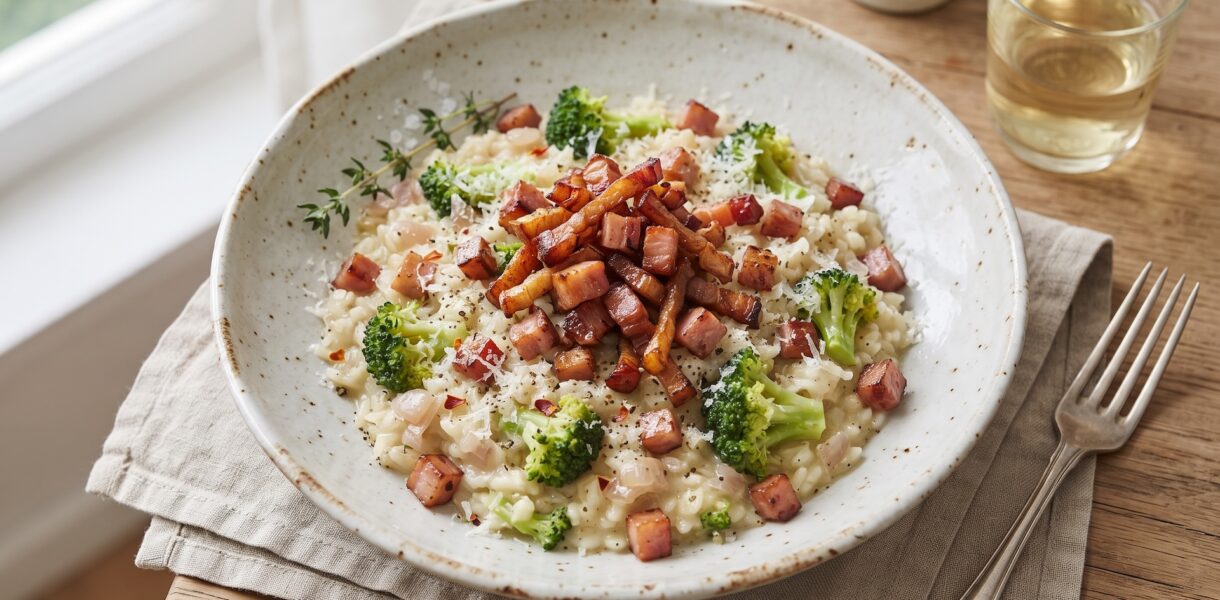 Risotto przygotowane z ryżu duszonego na białym winie i szalotce podane z gotowanym brokułem i smażoną wędzonką.