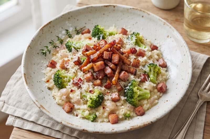 Risotto przygotowane z ryżu duszonego na białym winie i szalotce podane z gotowanym brokułem i smażoną wędzonką.