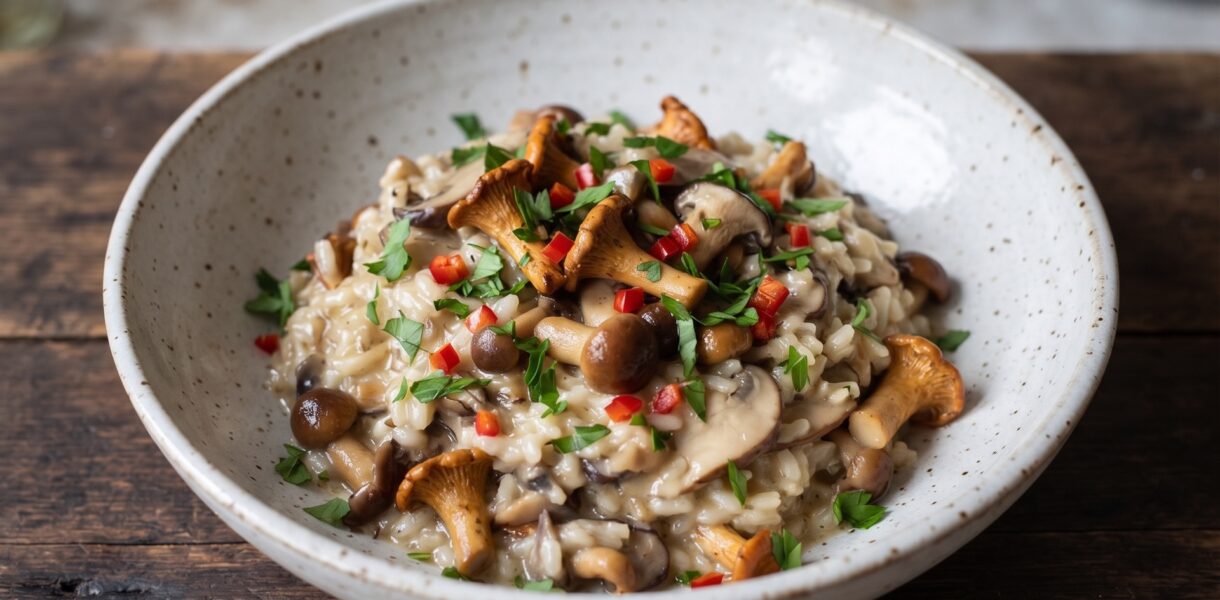Risotto z grzybami leśnymi z dodatkiem grzybów suszonych dla wzmocnienia smaku, doprawione na koniec masłem, serem ricotta i parmezanem.