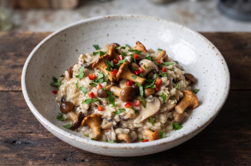 Risotto z grzybami leśnymi z dodatkiem grzybów suszonych dla wzmocnienia smaku, doprawione na koniec masłem, serem ricotta i parmezanem.