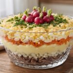 Sałatka warstwowa ze śledziem z dodatkiem gotowanych startych ziemniaków i marchewki oraz jajek, sera i majonezu