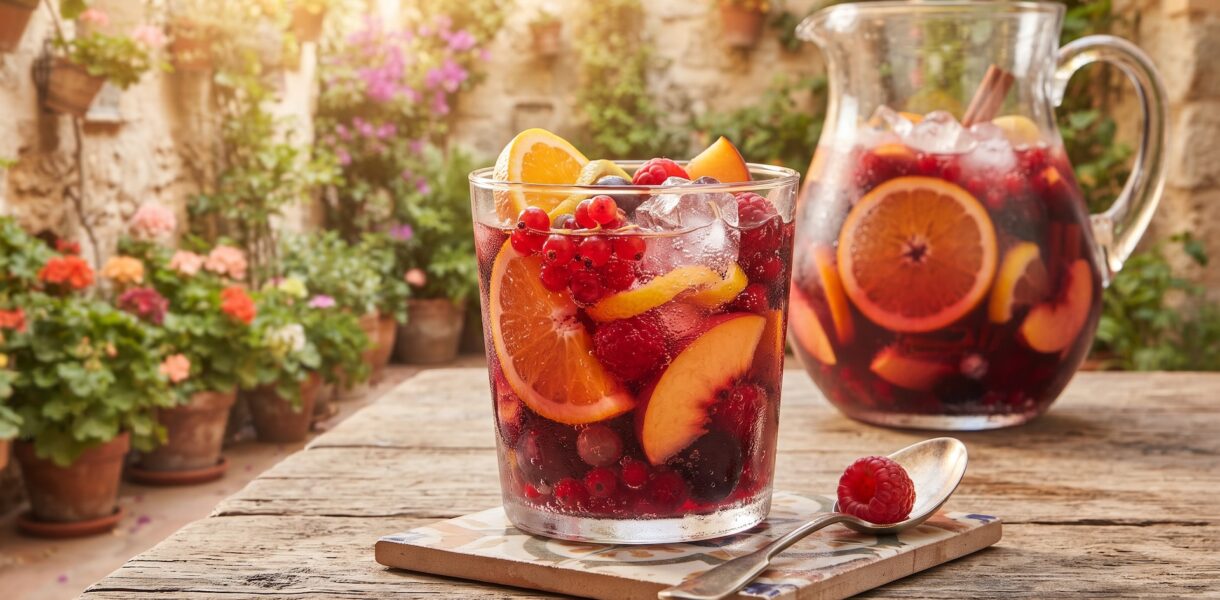 Sangria to napój alkoholowy na lato przygotowany z czerwonego wina, odrobiny rumu lub Martini, wody mineralnej i dojrzałych owoców.