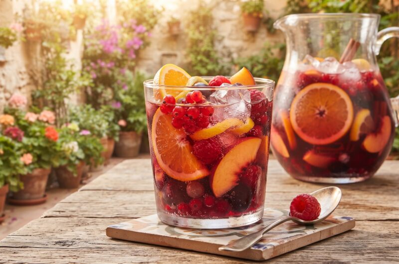 Sangria to napój alkoholowy na lato przygotowany z czerwonego wina, odrobiny rumu lub Martini, wody mineralnej i dojrzałych owoców.