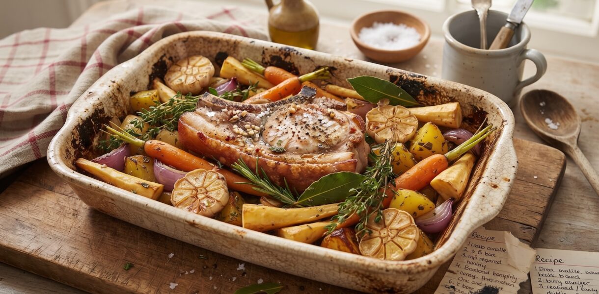 Kotlet schabowy marynowany w oliwie, musztardzie, czosnku i oregano, a następnie pieczony razem z ziemniakami.