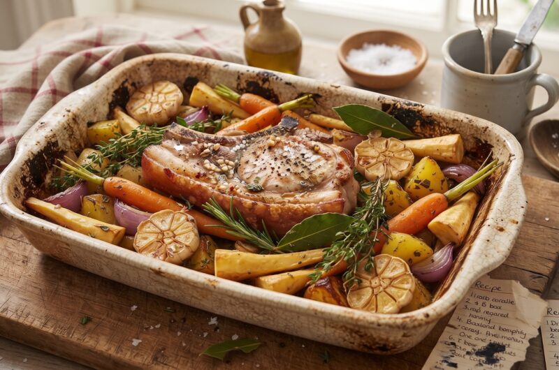 Kotlet schabowy marynowany w oliwie, musztardzie, czosnku i oregano, a następnie pieczony razem z ziemniakami.