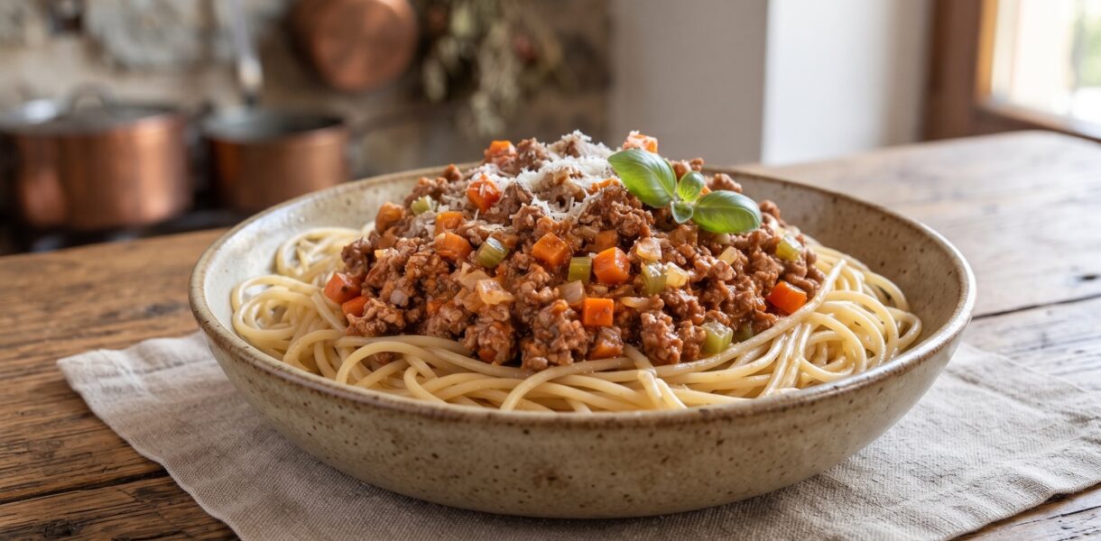 Makaron spaghetti podany z sosem alla bolognese przygotowanym z mięsa mielonego duszonego w sosie pomidorowym.