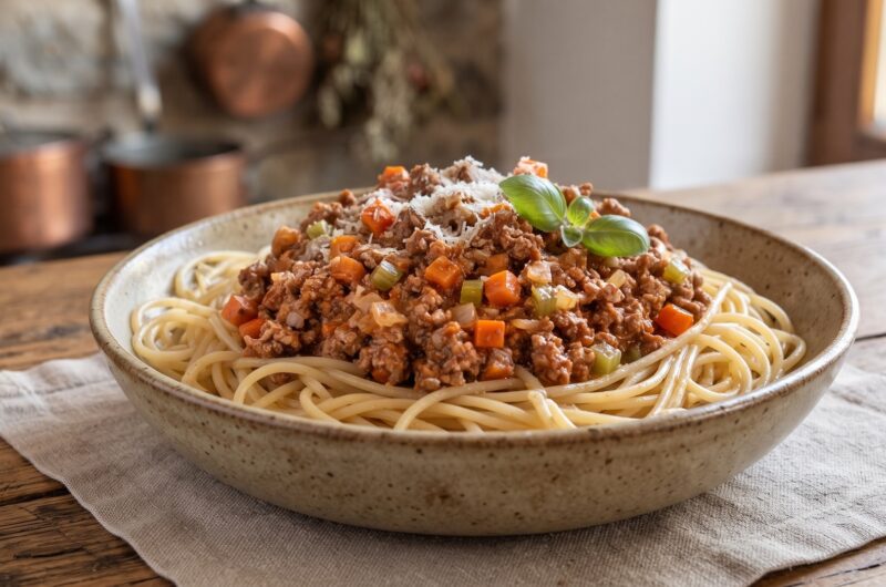 Makaron spaghetti podany z sosem alla bolognese przygotowanym z mięsa mielonego duszonego w sosie pomidorowym.