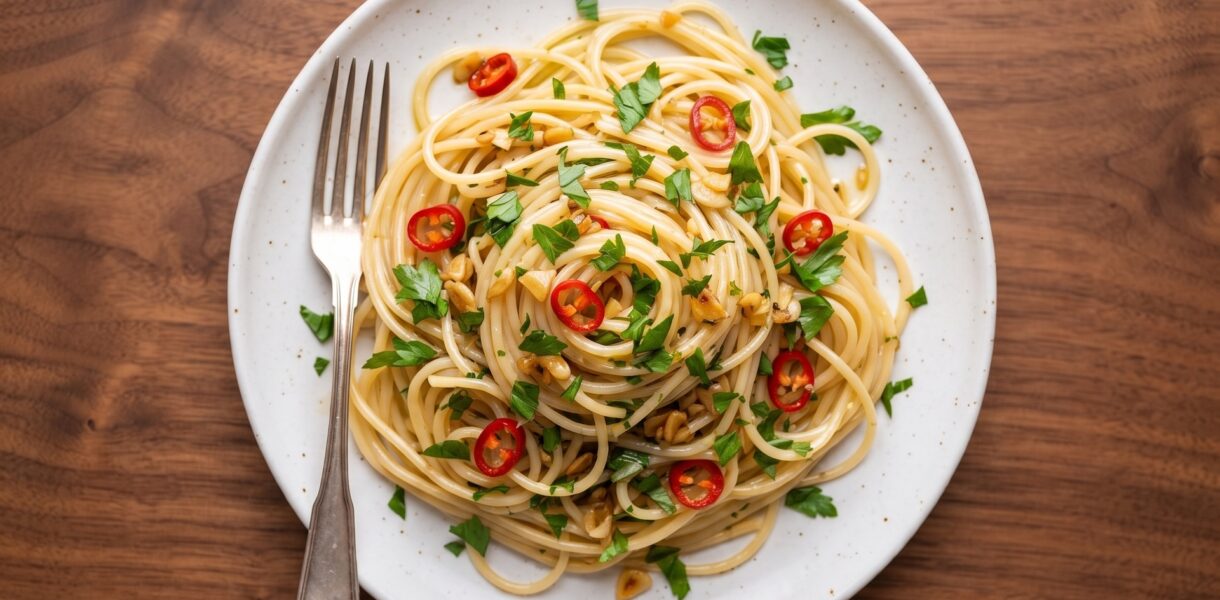 Spaghetti aglio olio, czyli prosty makaron z dodatkiem oliwy, czosnku, papryczki chili i natki pietruszki to błyskawiczne danie.