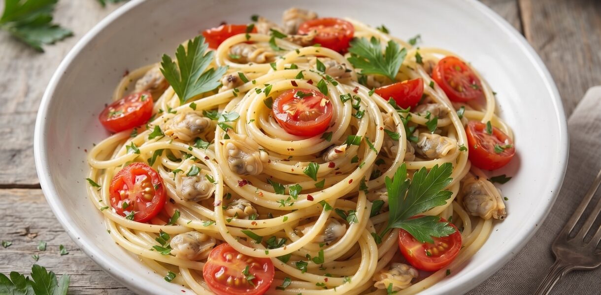 Makaron spaghetti podany ze świeżymi małżami z czosnkiem i pomidorkami koktajlowymi.