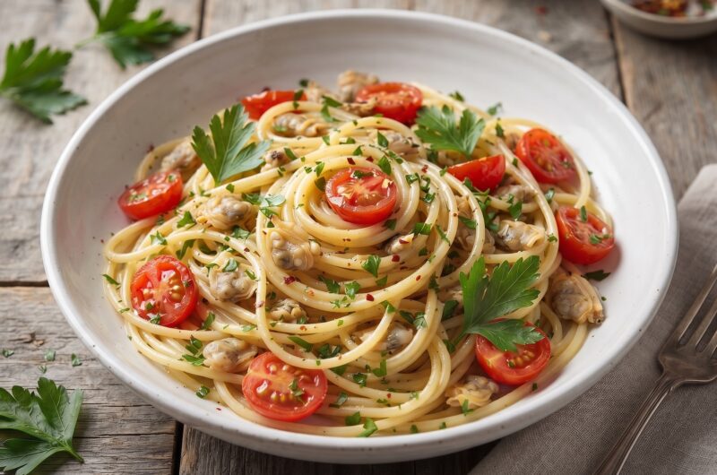 Makaron spaghetti podany ze świeżymi małżami z czosnkiem i pomidorkami koktajlowymi.