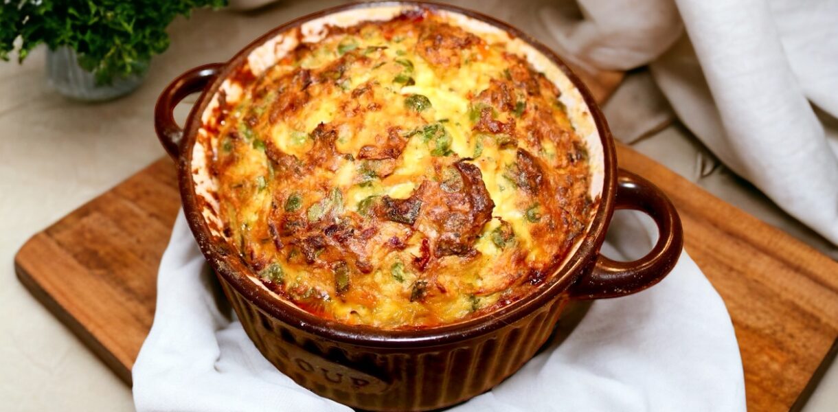 Suflet warzywny przygotowany z kolorowych warzyw połączonych kwaśną śmietaną, jajkiem i parmezanem pieczone razem w piekarniku.