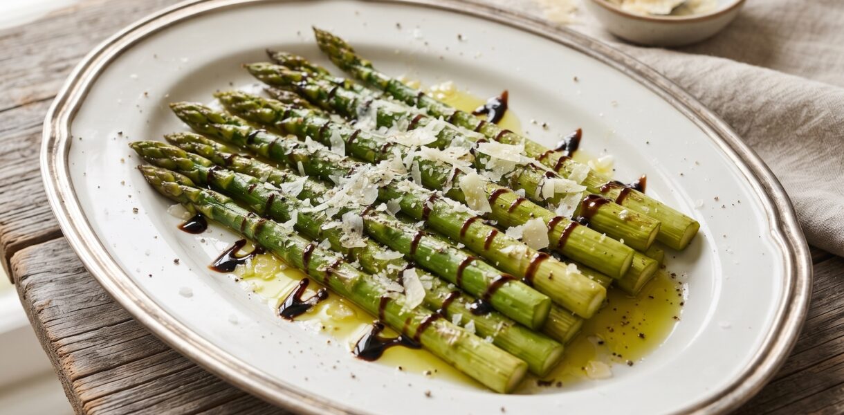 Szparagi zielone skropione oliwą, a następnie krótko pieczone i podane z octem balsamicznym i startym parmezanem.