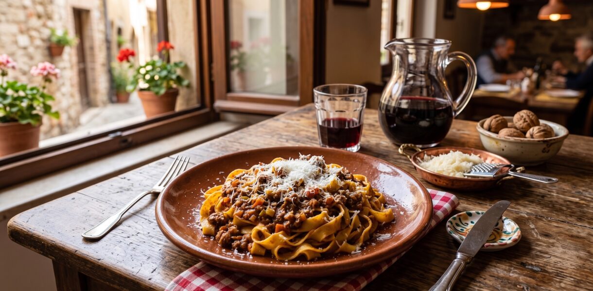 Aromatyczny i zawiesisty włoski sos mięsny al ragu bolognese przyrządzany z mięsa mielonego duszonego na bazie soffritto z pomidorami.