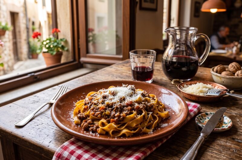 Aromatyczny i zawiesisty włoski sos mięsny al ragu bolognese przyrządzany z mięsa mielonego duszonego na bazie soffritto z pomidorami.