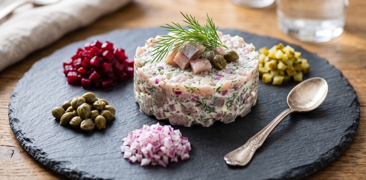 Tatar z matjasa holenderskiego przygotowany z dodatkiem śmietany i koperku podany.