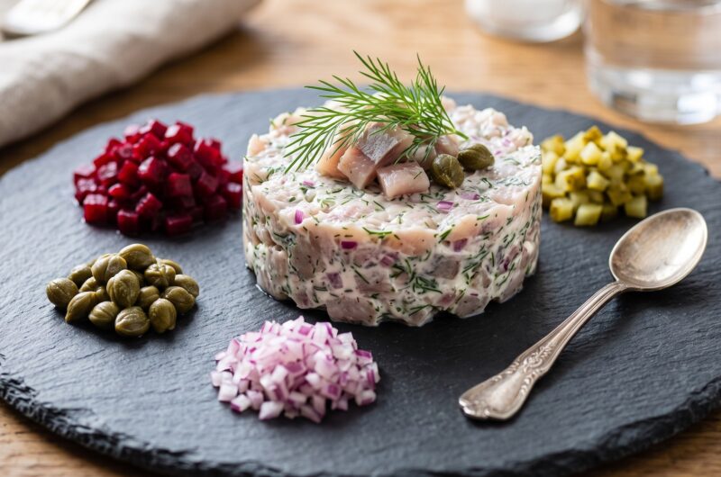 Tatar z matjasa holenderskiego przygotowany z dodatkiem śmietany i koperku podany.
