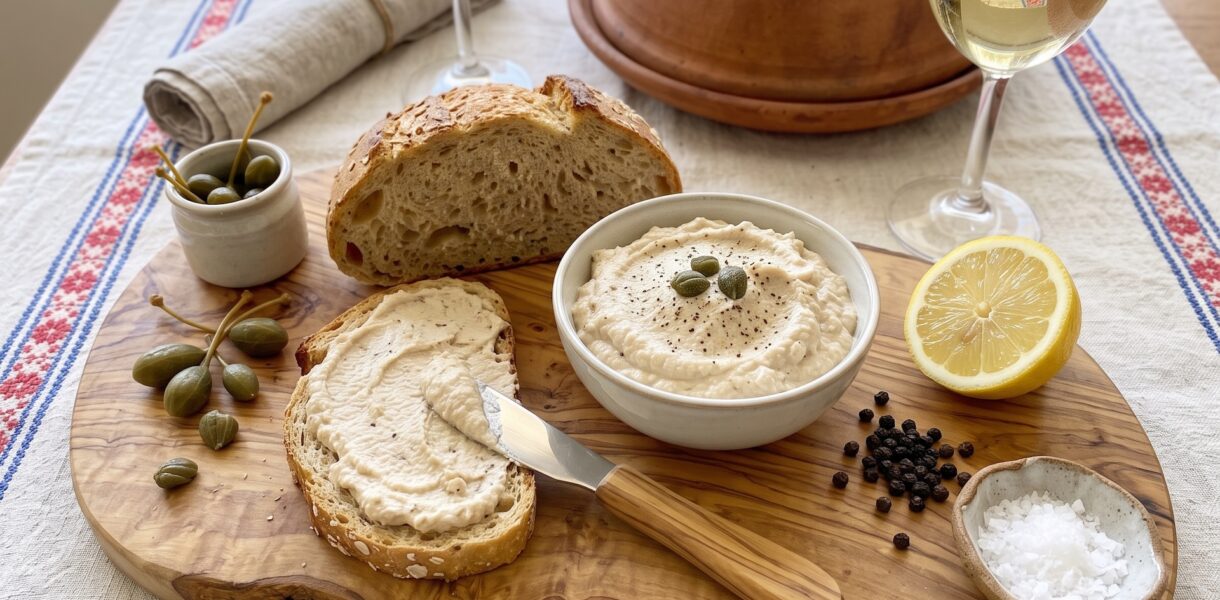 Tuńczykowa pasta do chleba przyrządzona ze zmiksowanego tuńczyka z dodatkiem masła, kaparów i soku z cytryny.