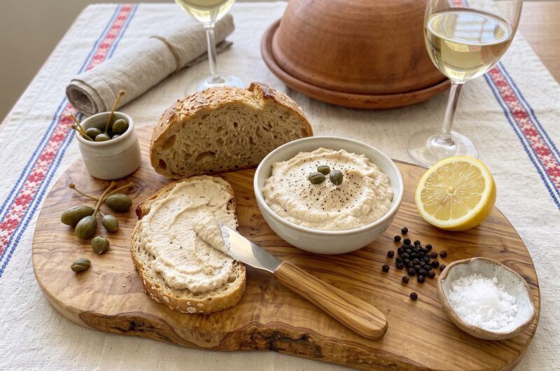 Tuńczykowa pasta do chleba przyrządzona ze zmiksowanego tuńczyka z dodatkiem masła, kaparów i soku z cytryny.