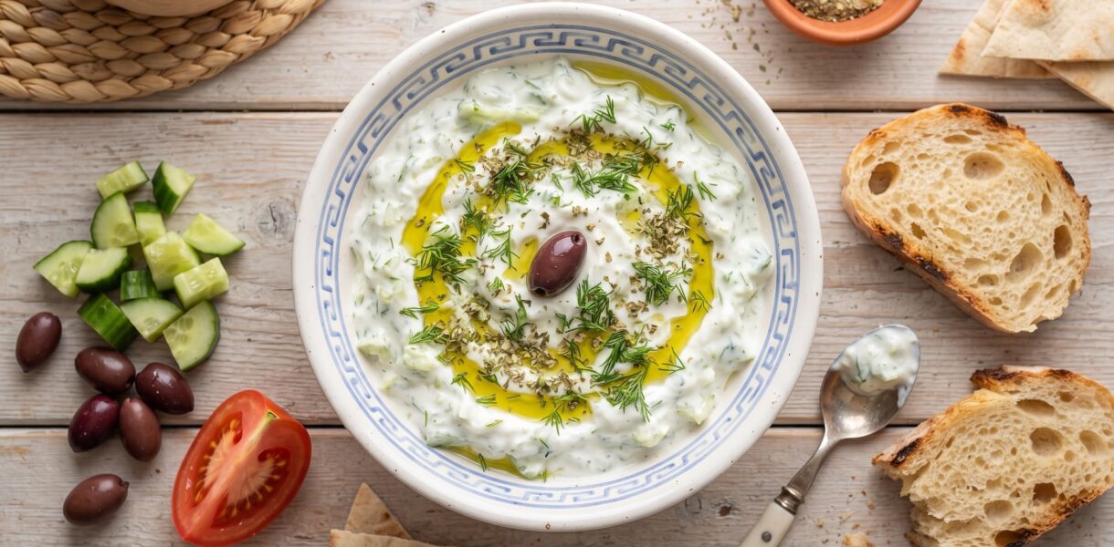 Tzatziki to sos grecki przygotowany z gęstego pełnotłustego jogurtu z dodatkiem startych i odciśniętych świeżych ogórków doprawiony czosnkiem, octem winnym, oliwą i świeżym koperkiem.