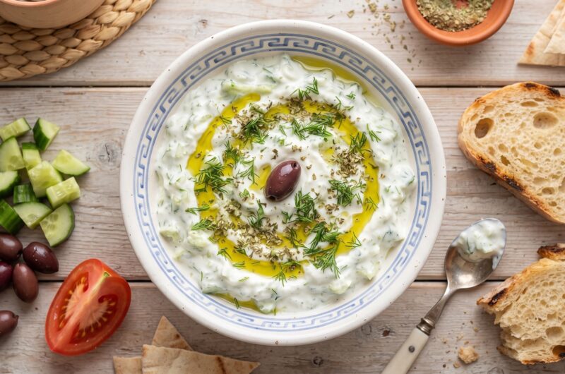 Tzatziki to sos grecki przygotowany z gęstego pełnotłustego jogurtu z dodatkiem startych i odciśniętych świeżych ogórków doprawiony czosnkiem, octem winnym, oliwą i świeżym koperkiem.