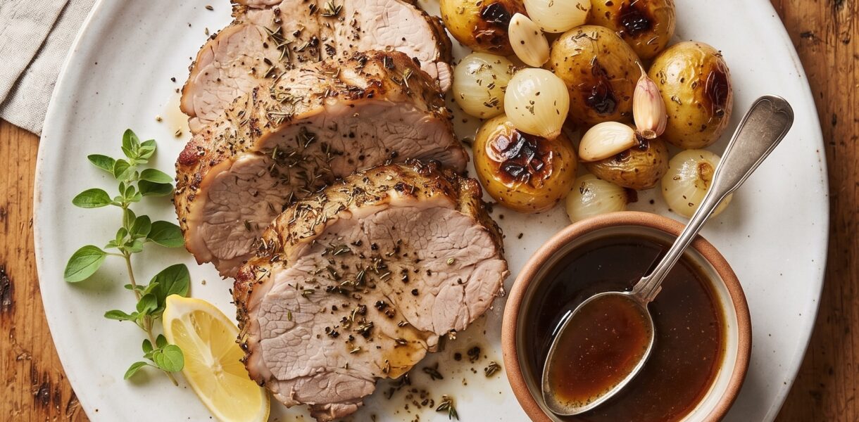 Wieprzowina pieczona po grecku czyli kilogramowy kawałek karkówki wieprzowej najpierw marynowany, a następnie pieczony z ziemniakami i cebulkami perłowymi.