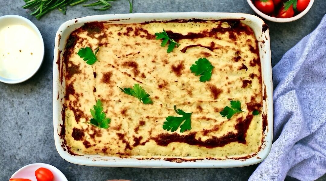 Zapiekanka rybna przyrządzona ze startych warzyw, startego sera, kawałków ryb oraz aksamitnego puree ziemniaczanego.